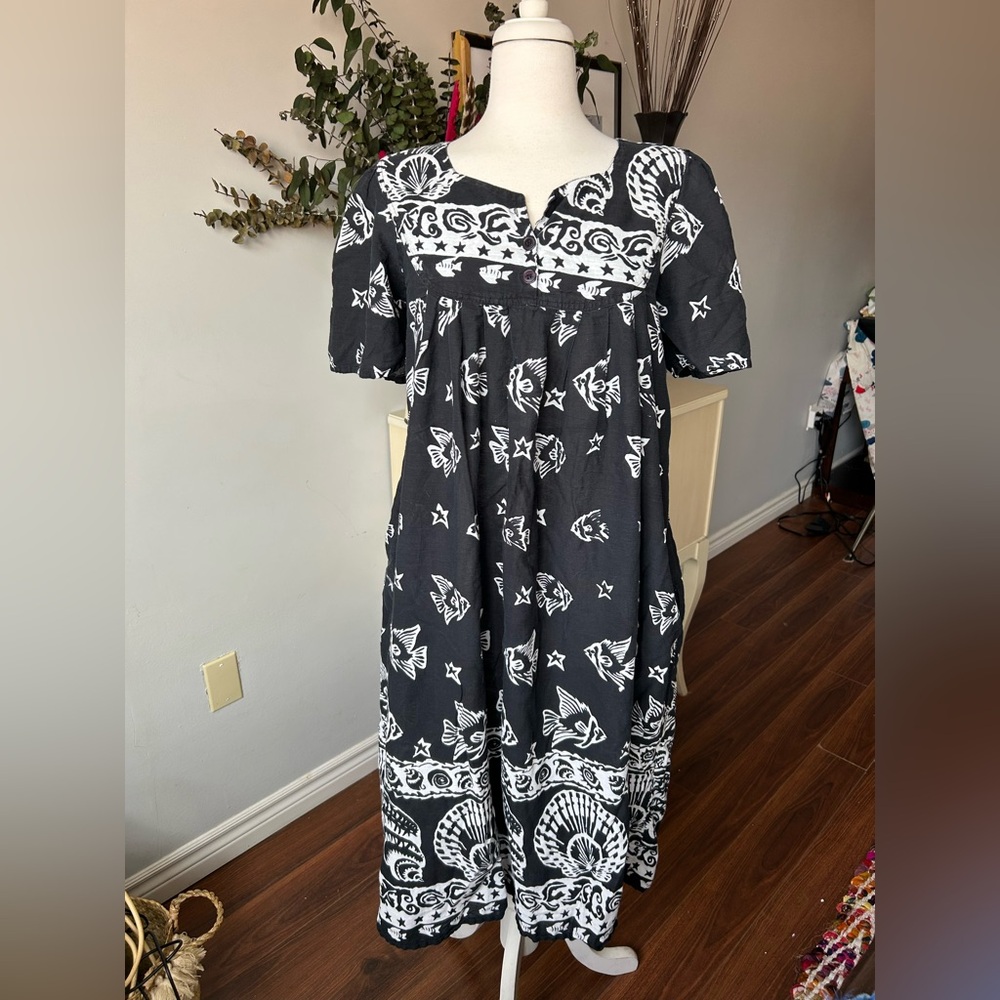 Vintage Black & White Fish Print Cotton Muumuu Dress - Medium